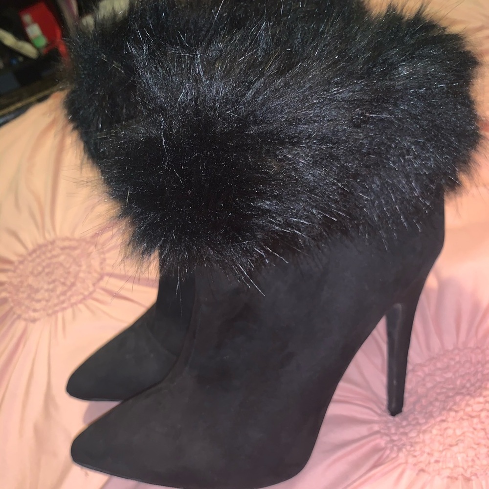 Faux Fur Black Ankle Boot Heels